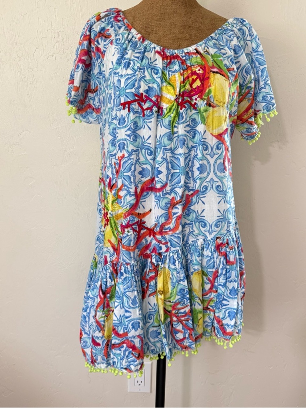 Antica Sartoria short sleeved peasant tunic dress top ruffles Pom poms One Size​